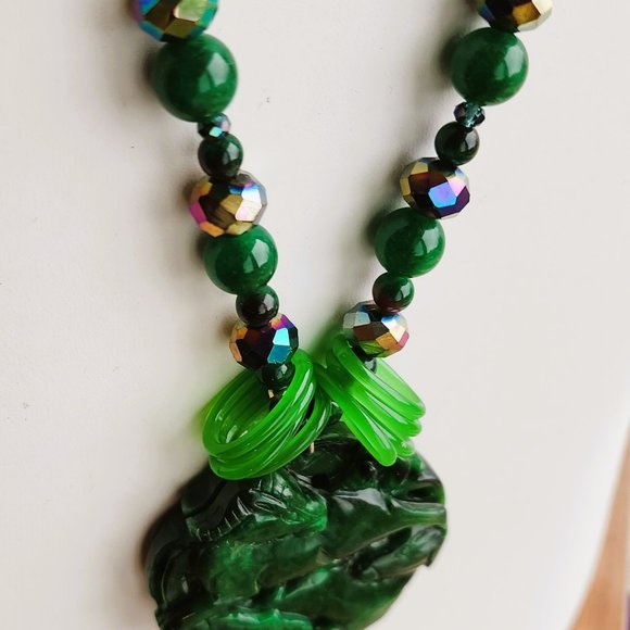 One of Kind Necklace Wild Horses Jade Stone RARE Glass Rings - Picture 3 of 6